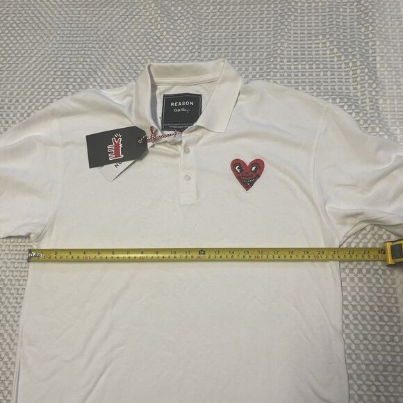 Reason Clothing Keith Haring Embroidered Heart Polo Shirt White Men Lrg New Tag - Picture 9 of 11